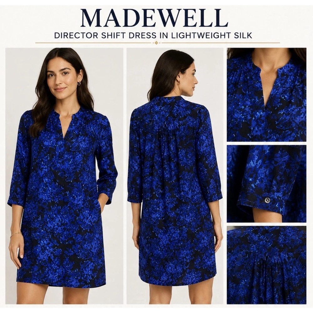 Madewell Director royal blue and black floral printed silk shift dress large